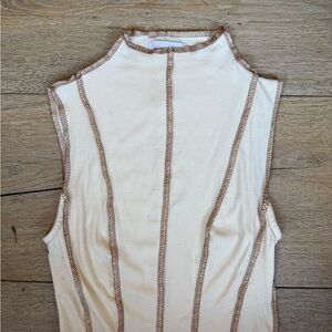 NYC Boutique Isalis Cream Ribbed Sleeveless Top with Brown Contrast Stitching